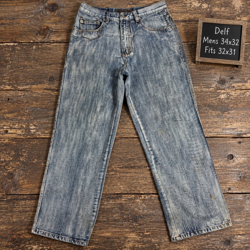 Delf Mens Wide Leg Slub Denim Jeans Blue Baggy Y2K 34x32 Fits 32x31